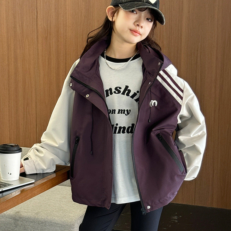 Z24110105女童衝鋒衣外套秋季2024新款兒童寬鬆撞色拼接戶外風童裝上衣百搭