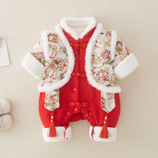 Z23121407新款嬰兒中國風拜年服加絨加厚連身衣寶寶新年衣服保暖外出服(9-12天到貨)