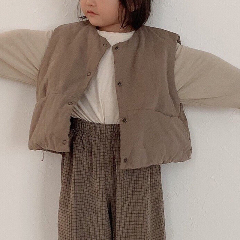 GB25111309韓版ins秋款男女膚色單排扣開衫潮範不連帽洋氣棉內膽馬甲童裝