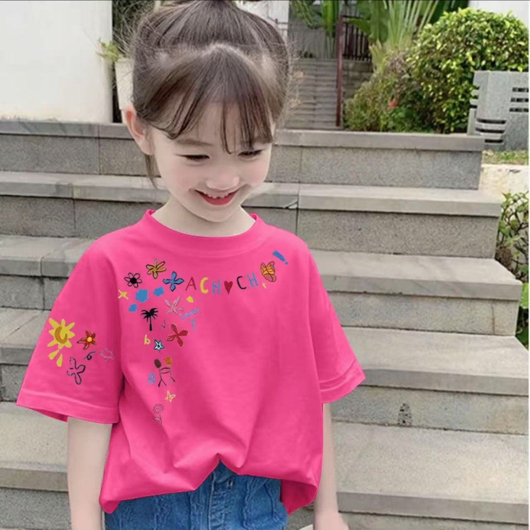 CE26022607女童純棉短袖夏季時尚兒童印花印花寬鬆百搭上衣中大童T卹半袖