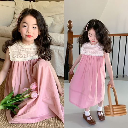 Z240328女童公主裙夏季新款韓版蕾絲繡花無袖背心裙低中小童