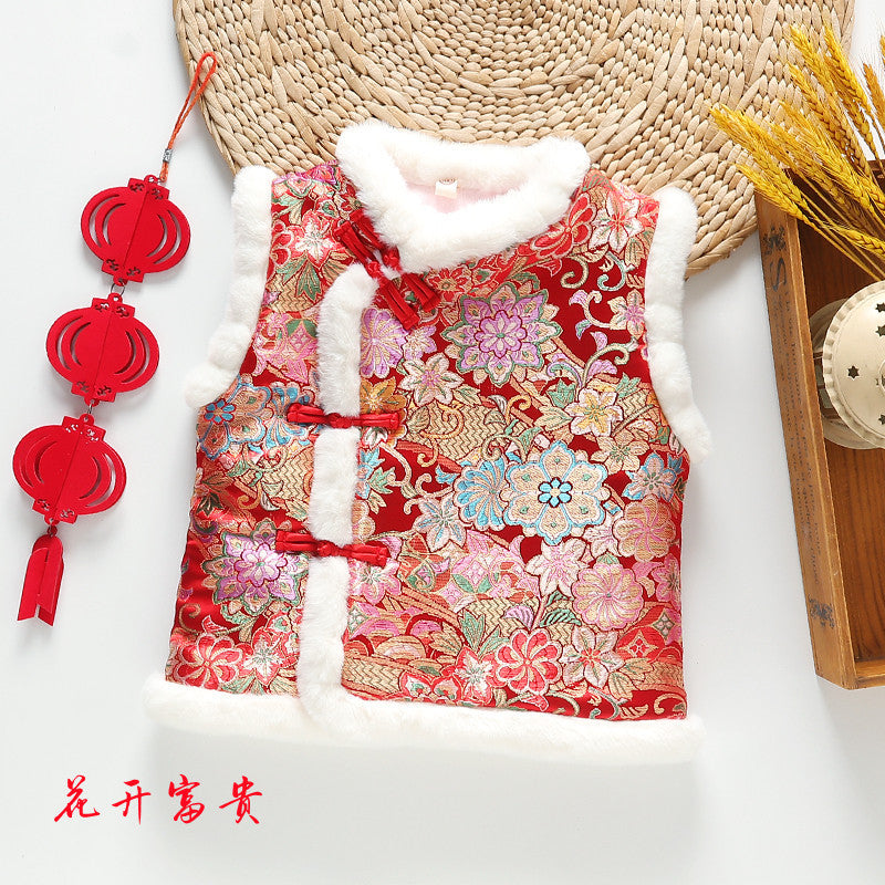 Z26010251中式年服兒童馬甲男女童加絨加厚背心喜慶新年裝唐裝