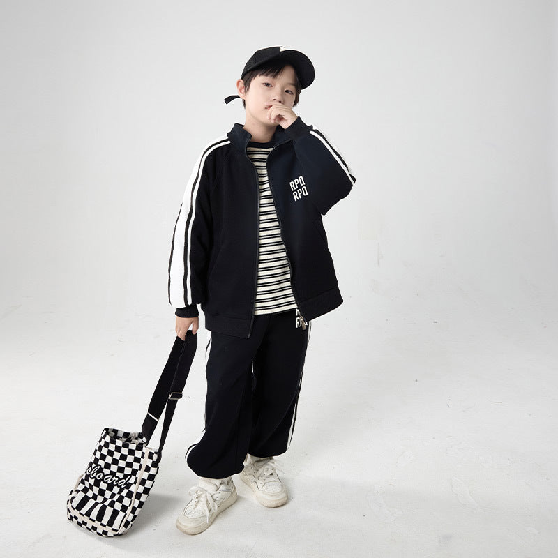 FF24102518新款黑白拼色男童運動衛衣套裝兒童秋裝兩件套(9-12天到貨)