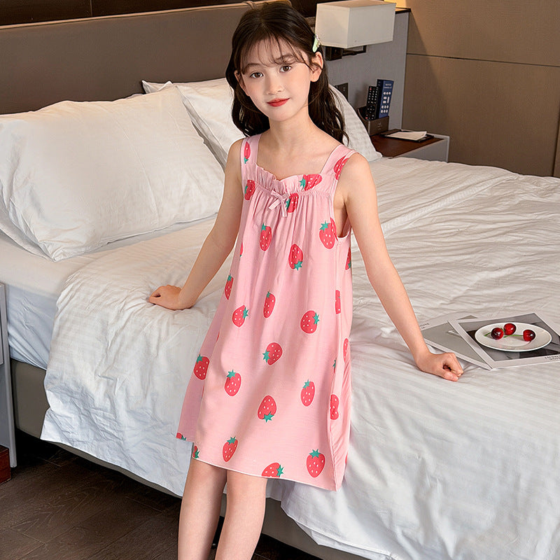 CK26050503女童睡裙棉綢夏季薄款兒童冰絲吊帶睡衣女童夏裝公主裙大童家居裙(9-12天到貨)