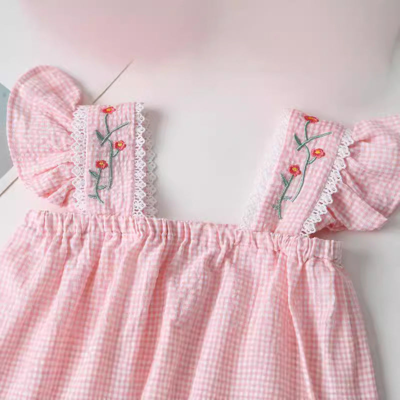Z26010270夏季韓版新生女寶寶格紋小孩幼飛邊袖包屁衣送髮帶