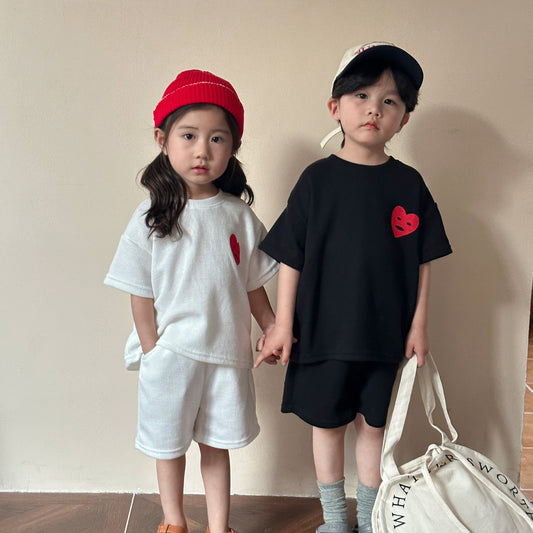 Z25020917兒童運動套裝華夫格夏季男童2025新款女童休閒小寶寶短袖夏裝