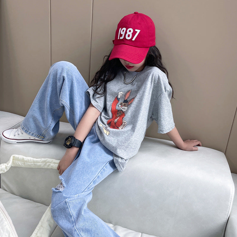 Z25030424童裝女童夏裝短袖T恤新款寬鬆卡通印花兒童男孩夏季潮服大童帥氣