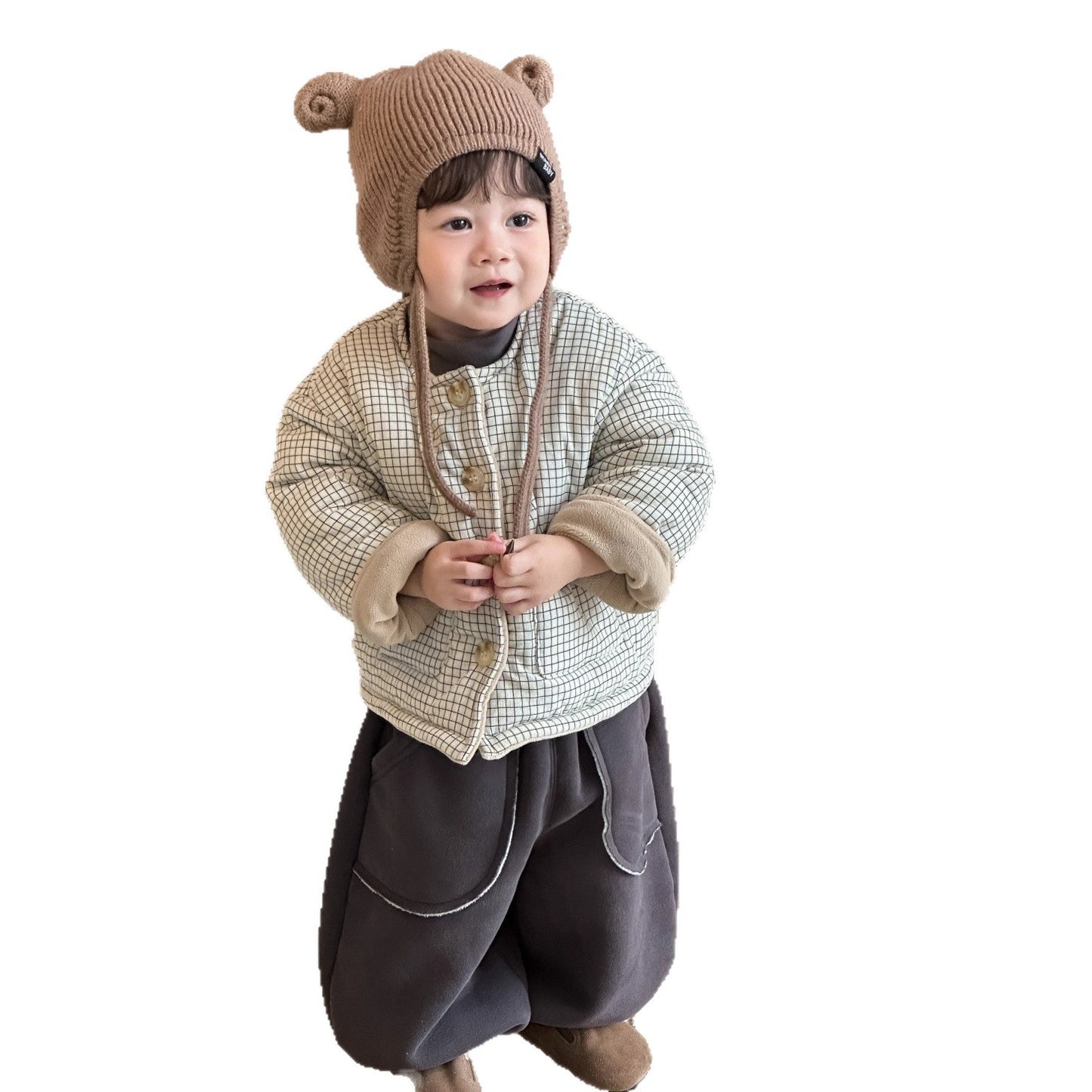 GN26012719兒童加厚格子棉裙2025秋冬新款小寶寶衣服韓版童裝男童加絨套裝