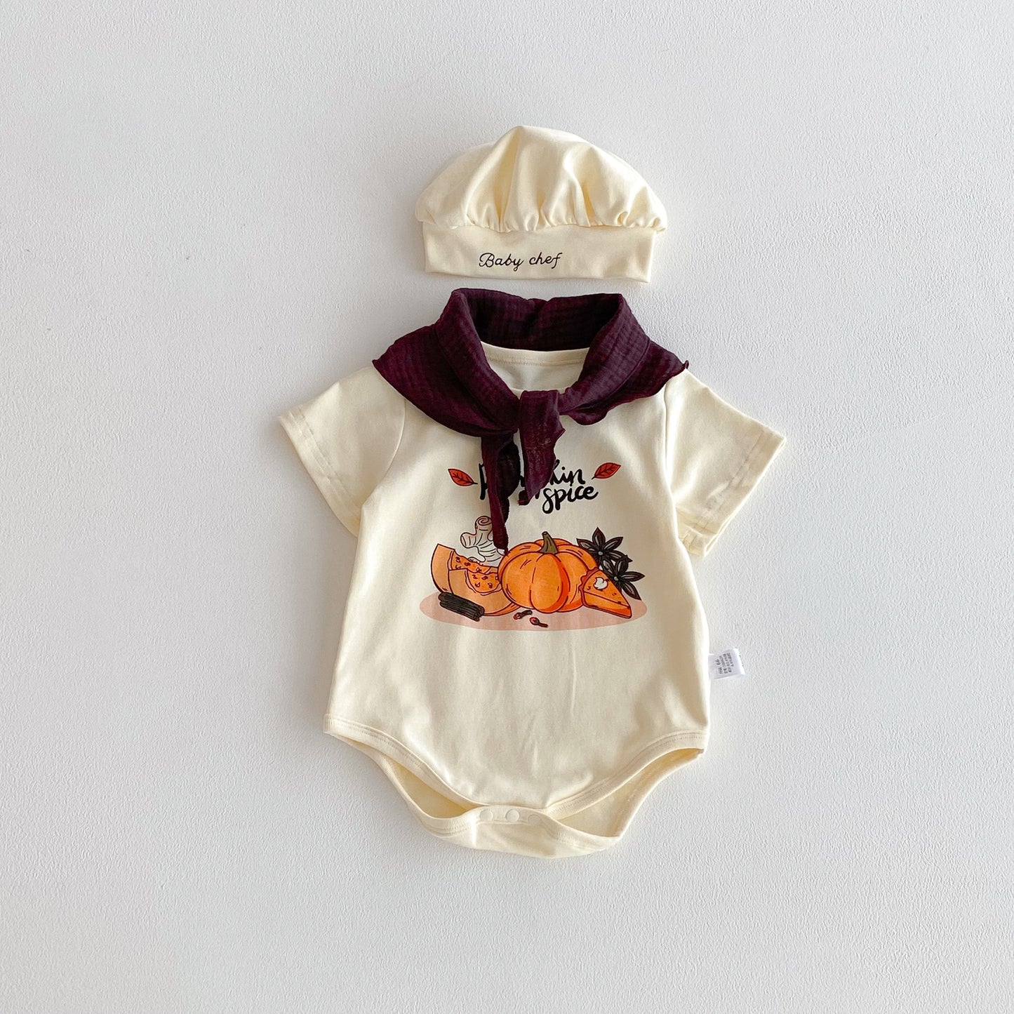 G25091110夏季童裝新款兒童萬聖節童裝歐美可愛短袖南瓜圓領哈衣爬服三件套