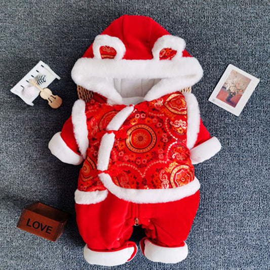 GM26010106新生兒冬款加棉加厚連身衣男寶寶秋冬裝套裝大紅色出拜年過年哈衣