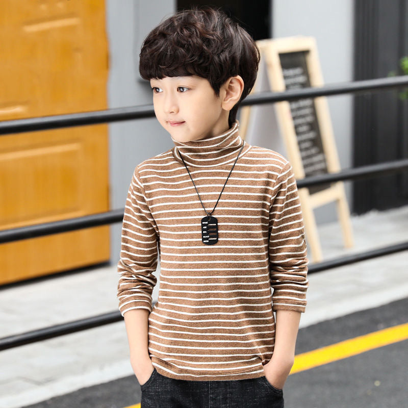 FG25112020童裝男童條紋春秋新款打底衫秋冬中半高領全身加絨T卹保暖上衣
