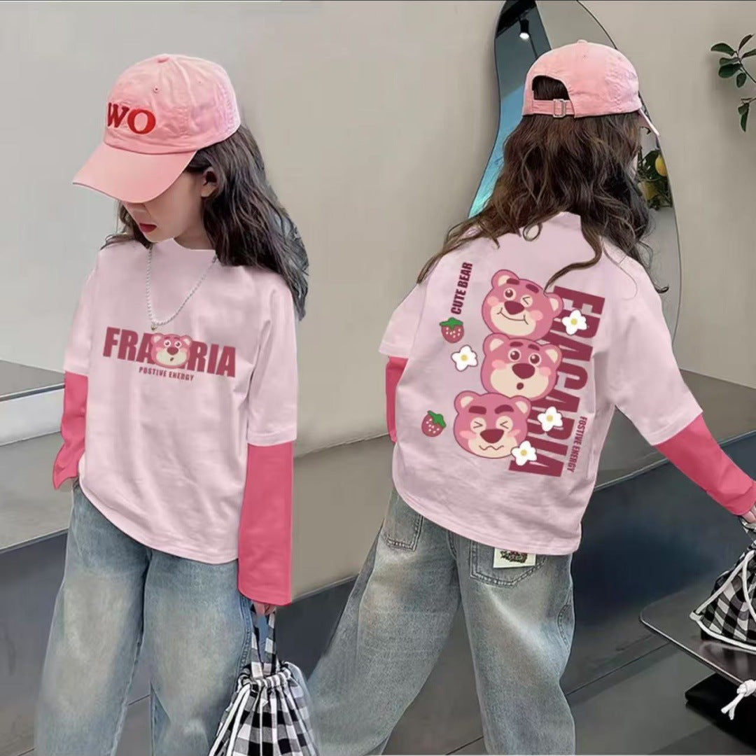 CE25091904純棉女孩拼色可愛長袖T恤秋季網紅潮流卡通動漫燈光打底上衣