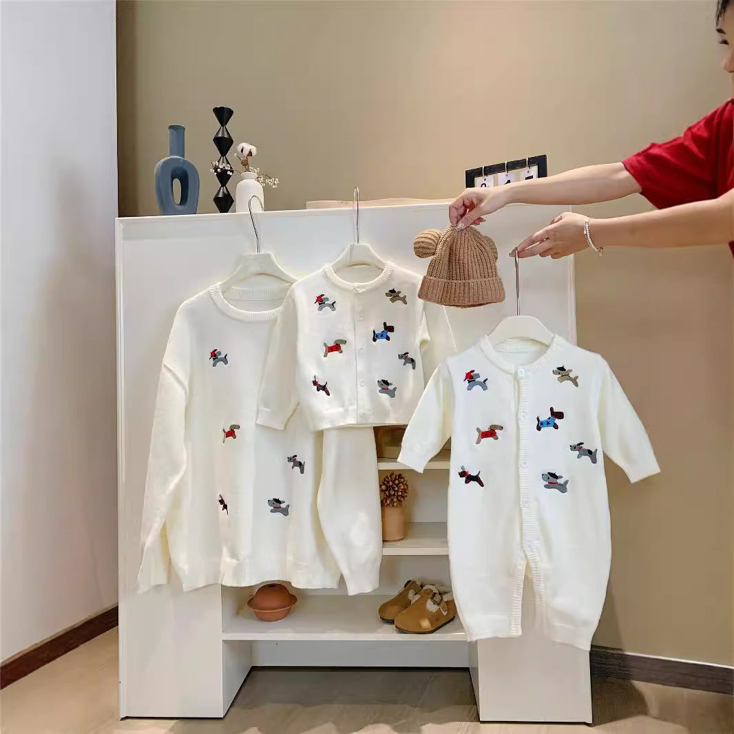 L25120413韓國版親子裝一家三口針織開襟衫女母子毛衣小孩純棉嬰兒爬服潮