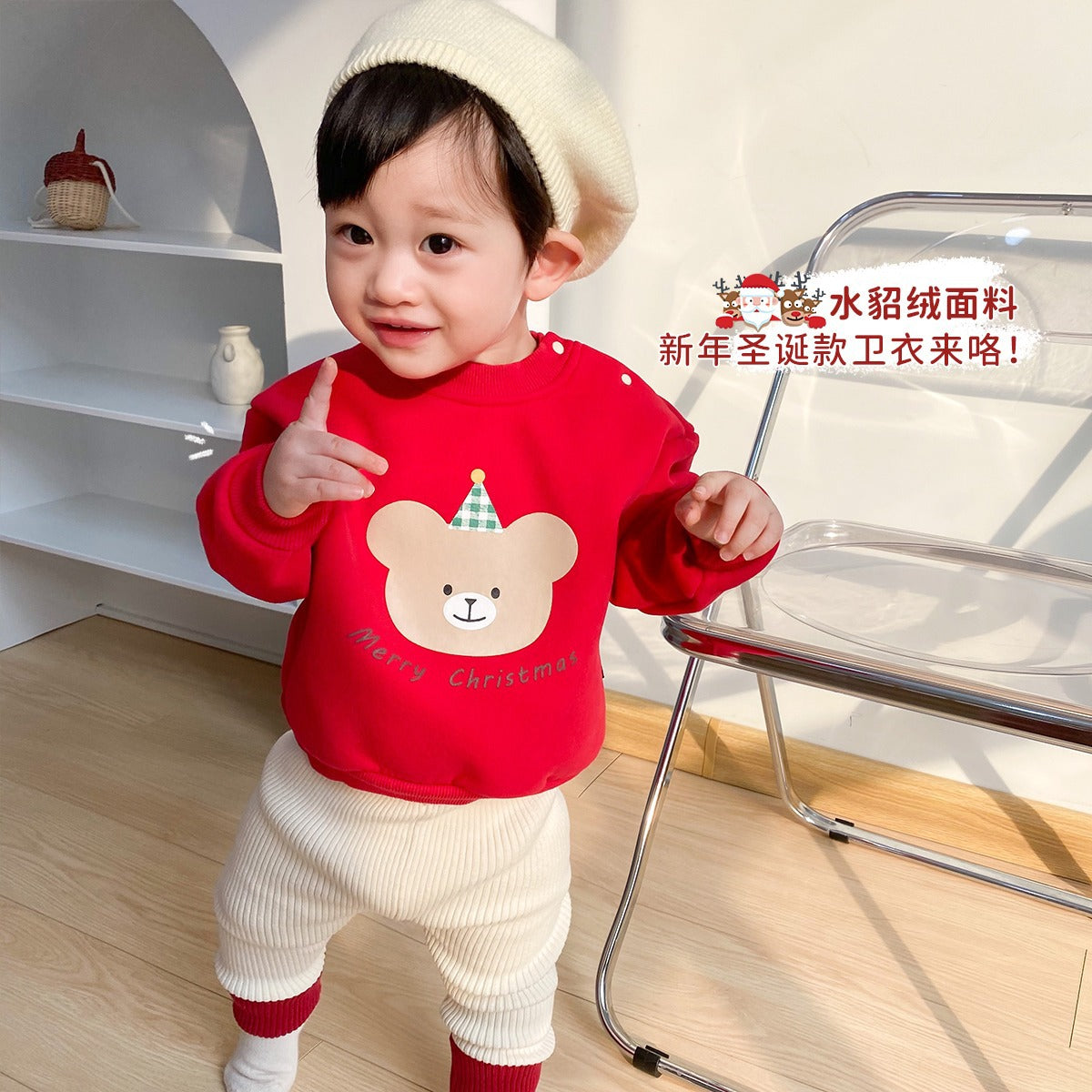 CA25112702一體絨寶寶聖誕新年上衣可愛卡通小熊秋冬季寶寶加絨保暖套頭衛衣
