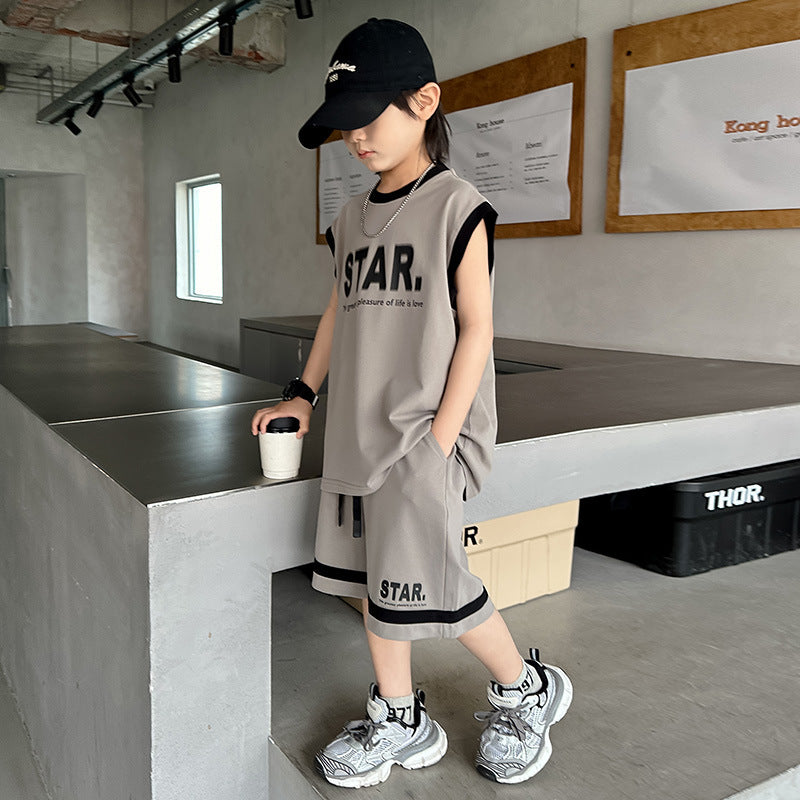 FM26042222男童無袖套裝夏季2026新兒童夏裝背心籃球運動服夏款大童裝男孩