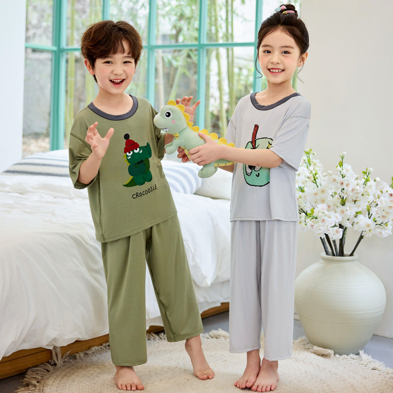 CK26050519男童睡衣2026新款夏季薄款女童短袖長褲兒童女孩家居服大童空調服(9-12天到貨)