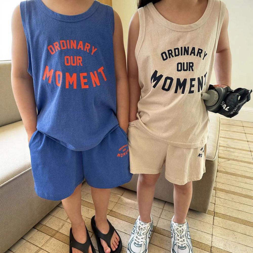 Z25040125歐美跨國童裝兒童字母背心套裝無袖t恤印花圓領男女童夏天兄妹裝