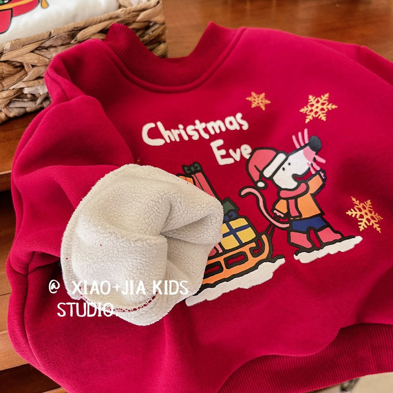 CA25112701聖誕波波~兒童冬季加絨聖誕紅加絨衛衣男童女童圓領加厚喜慶上衣