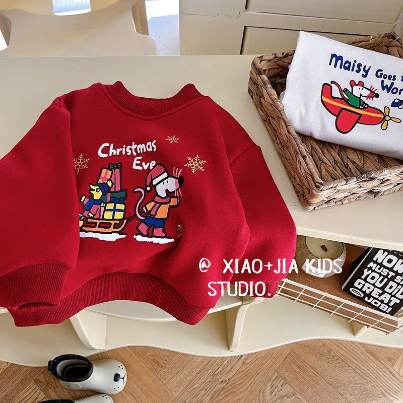 CA25112701聖誕波波~兒童冬季加絨聖誕紅加絨衛衣男童女童圓領加厚喜慶上衣