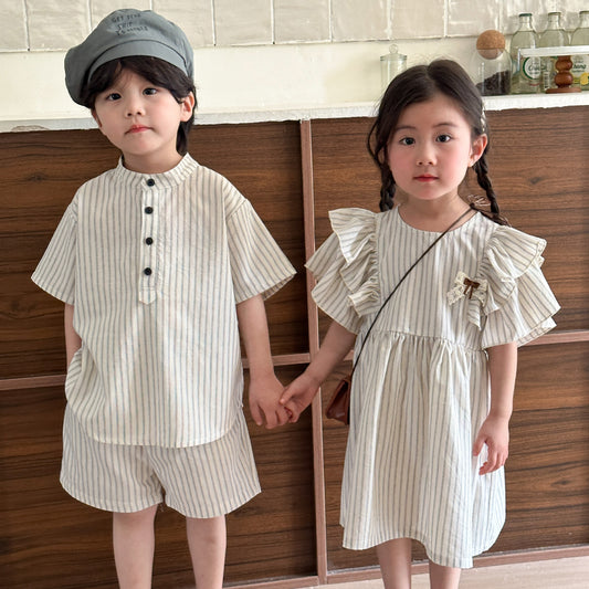 Z25020901兒童夏季套裝男童短袖條紋-新款夏裝寶寶純棉女童女童兄妹裝