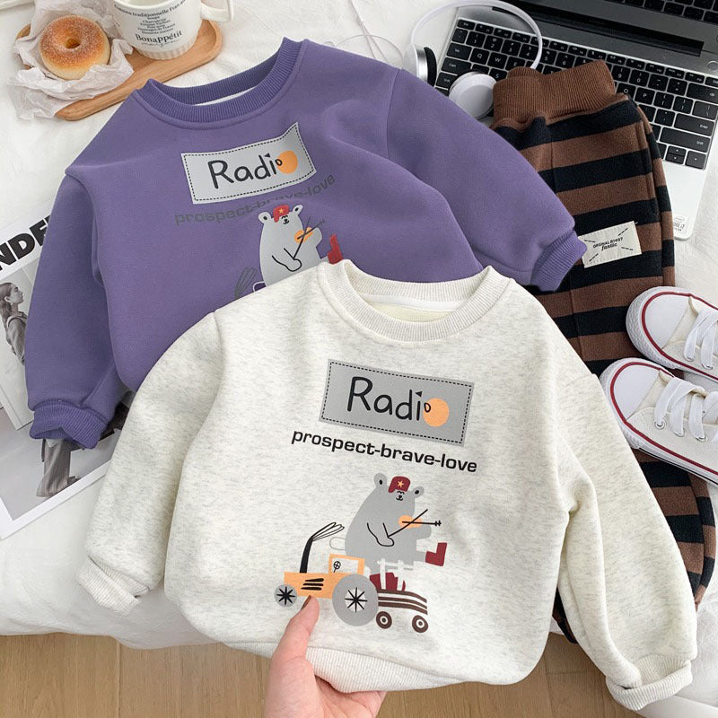 CA25112709男童加絨衛衣秋冬裝中小童卡通洋氣套頭衫2023新款兒童一體絨上衣