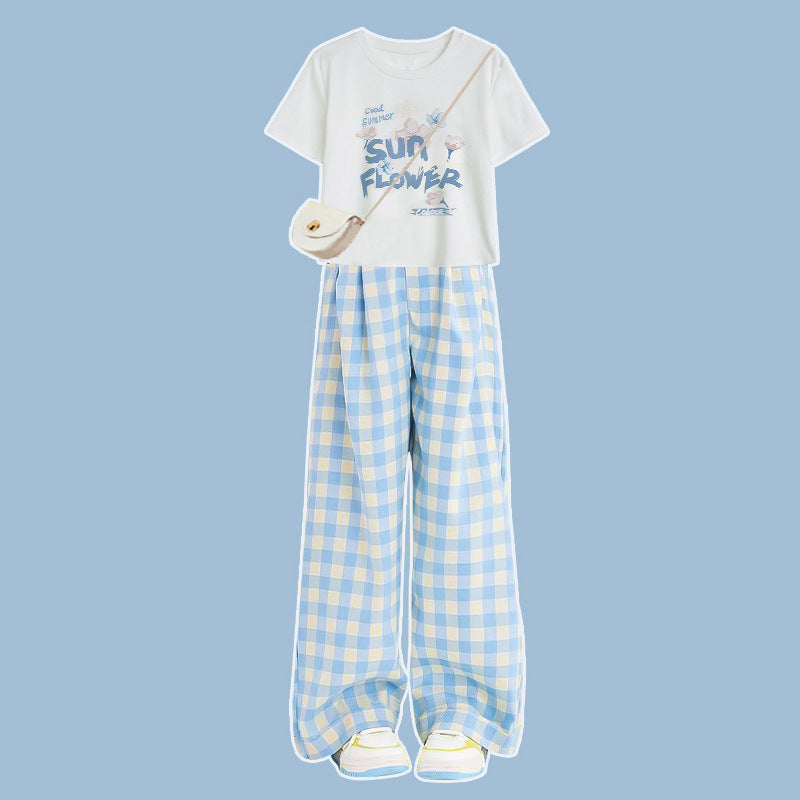 FM26042219多巴胺格子牛仔褲女童夏季2026新款休閒褲寬鬆童裝寬鬆風腿寬褲套裝