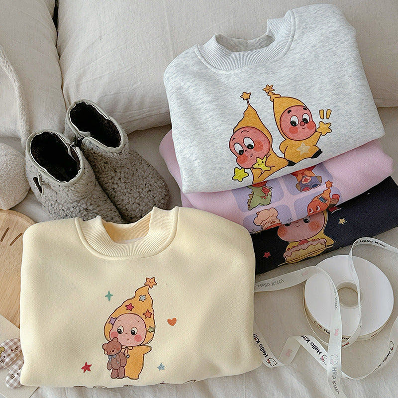 CA25112712韓版童裝2025冬季女孩卡通星星人加絨衛衣兒寶寶保暖長袖T卹