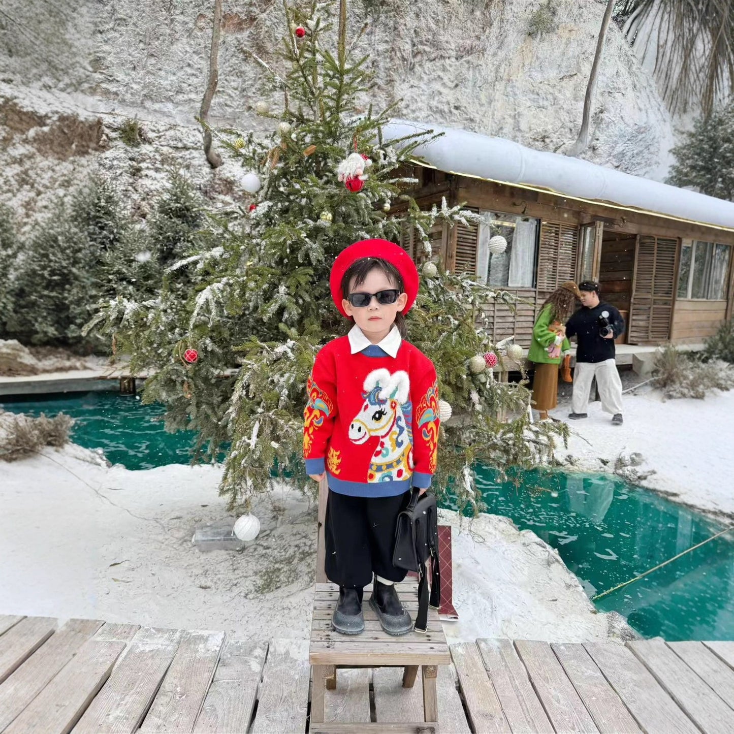 L26010608親子裝秋冬新款2026紅色針織衫一家三四口過年紅色親子毛衣潮