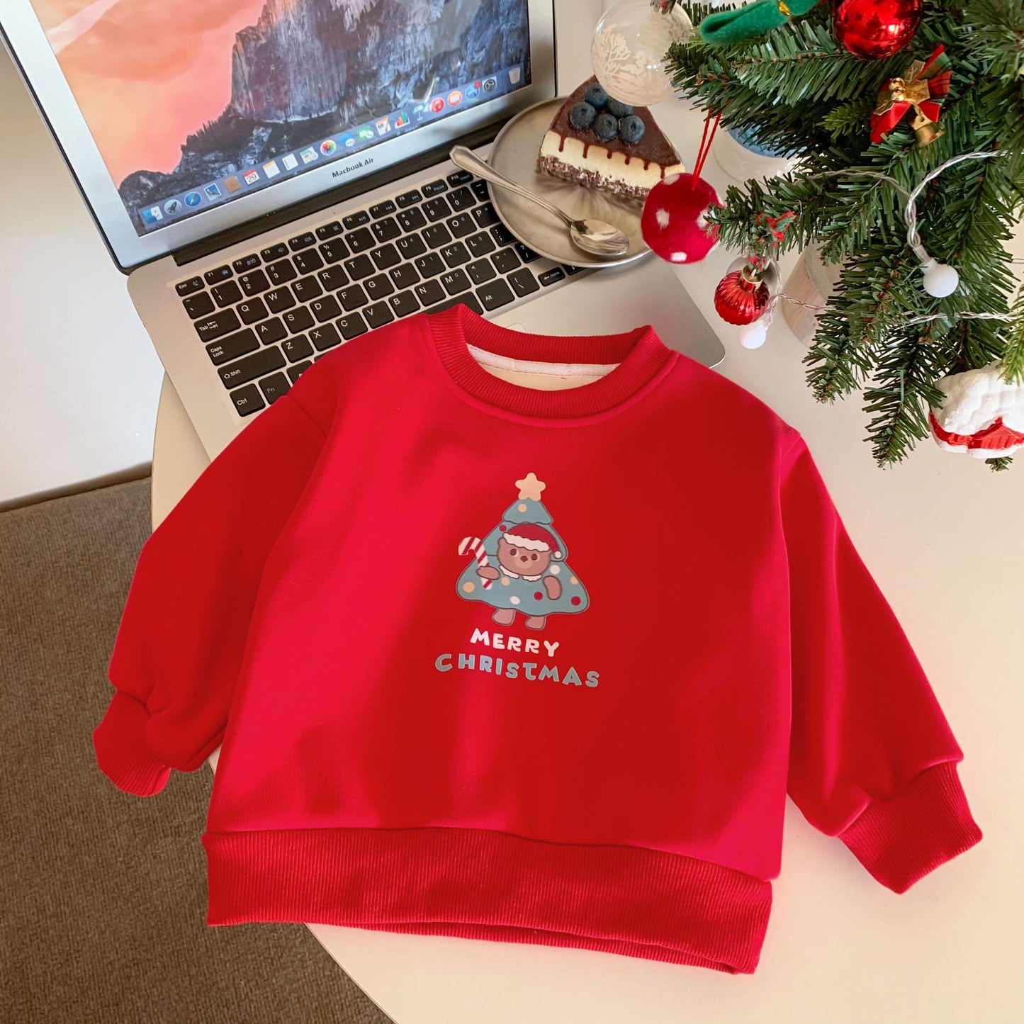 CA25112704冬季兒童加絨衛衣聖誕節可愛女孩裙子卡通保暖打底衫節日上衣