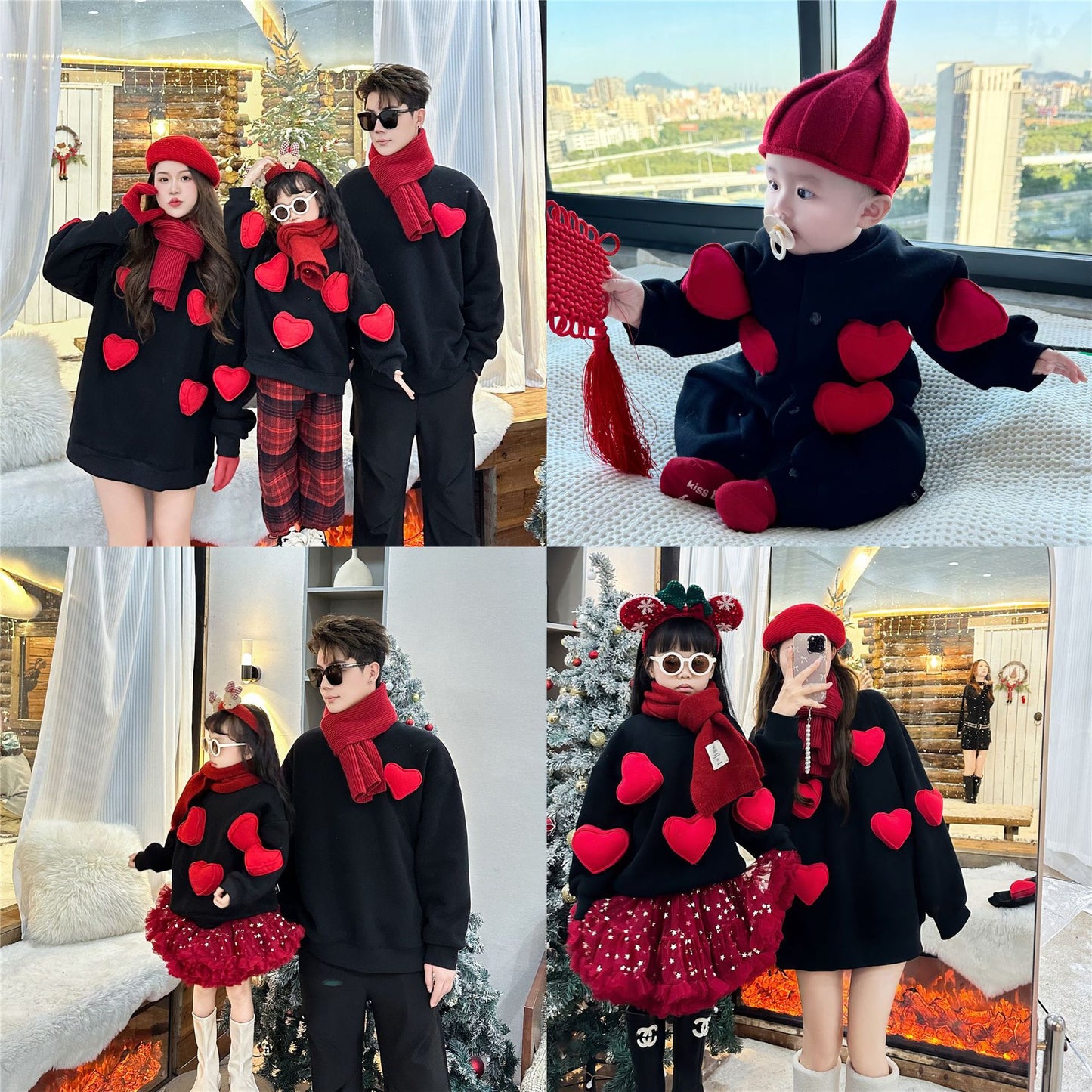 L26010603過年親子裝新款三口嬰兒爬服母女加絨加厚紅色立體愛心衛衣潮