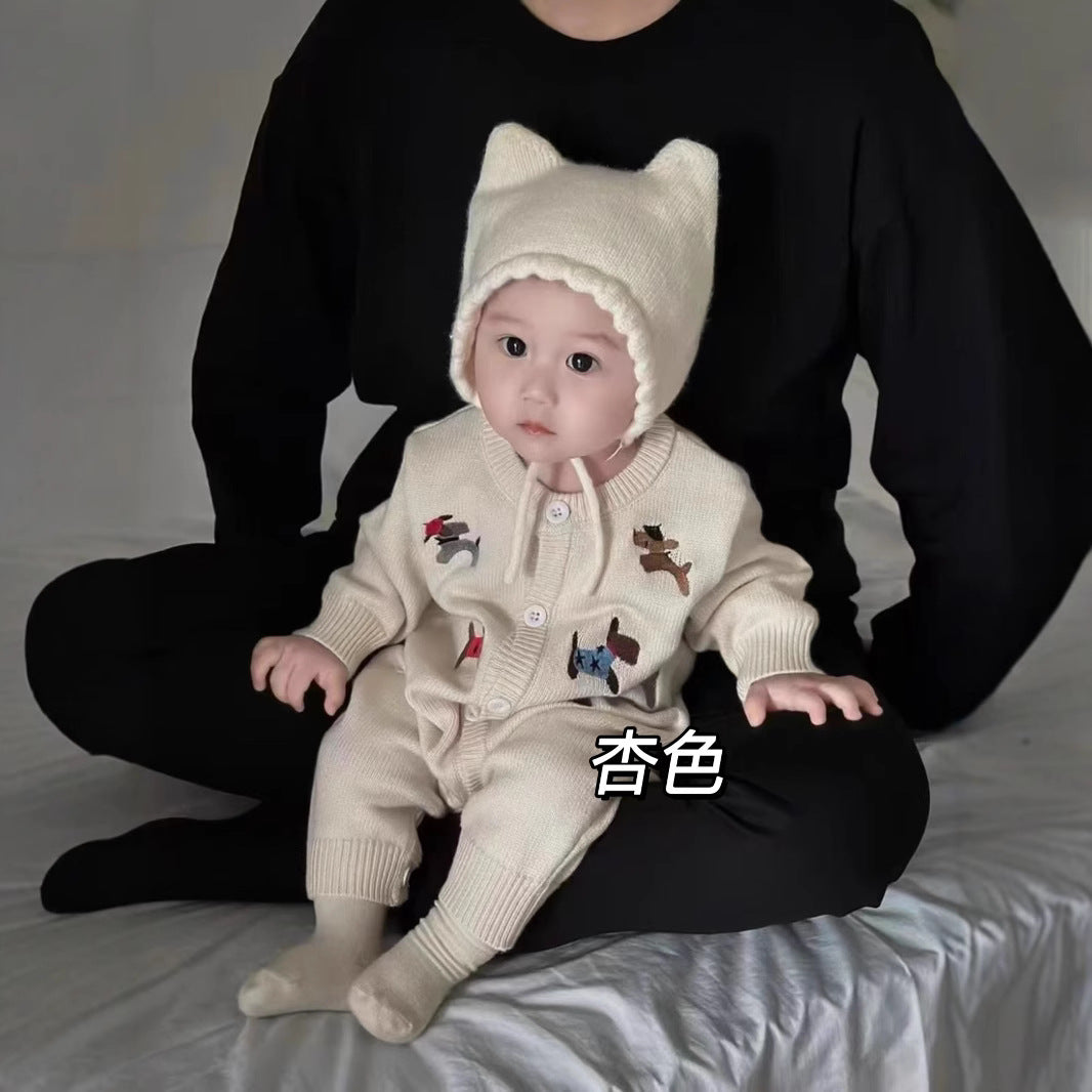 L25120413韓國版親子裝一家三口針織開襟衫女母子毛衣小孩純棉嬰兒爬服潮