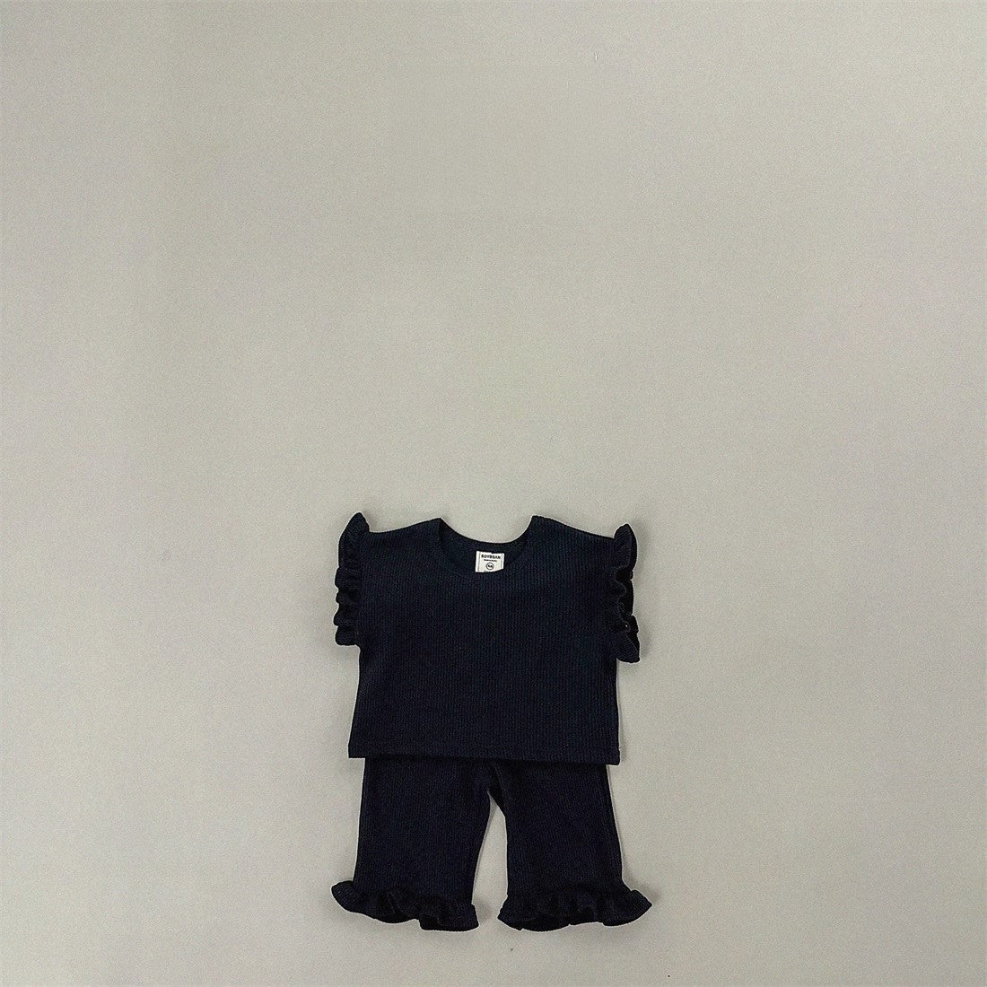 GF26043003 ins韓版女童純棉坑條飛袖上衣蕾絲喇叭褲家居戶外兩件套裝