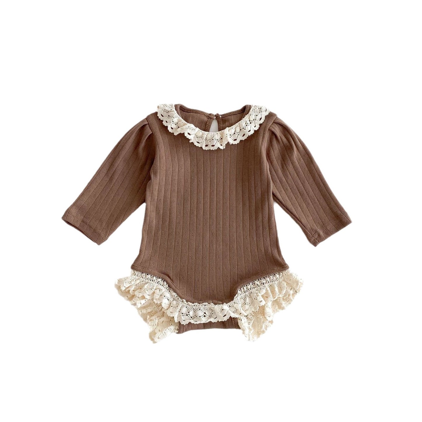 G25092517秋冬嬰幼兒花邊圓領鏤空坑條長袖哈衣女寶寶下擺蕾絲爬服