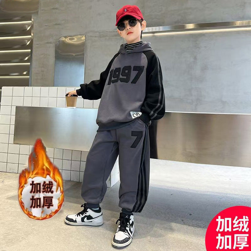 FG25112018秋冬兒童加絨加厚運動套裝中大童時尚潮範連帽衛衣衛褲休閒兩件套