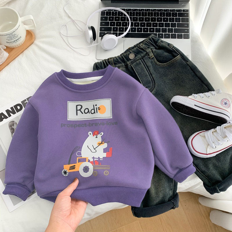 CA25112709男童加絨衛衣秋冬裝中小童卡通洋氣套頭衫2023新款兒童一體絨上衣