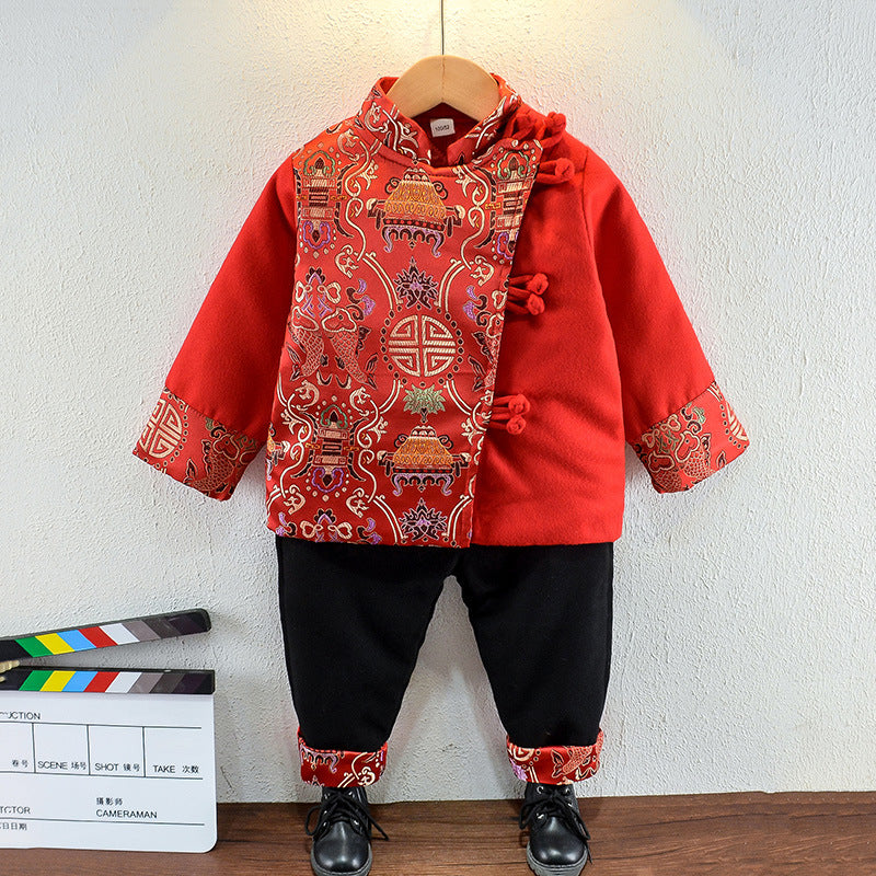 Z23111302週歲禮服男寶寶秋季中國風套裝兒童漢服中式服裝男童唐裝抓周衣服(9-12天到貨)