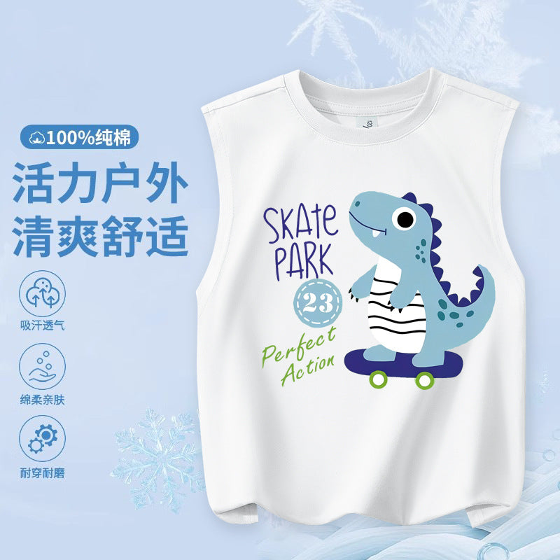 FN26052912男童純棉背心2026圓領套頭衫卡通印花夏季寬鬆兒童無袖上衣
