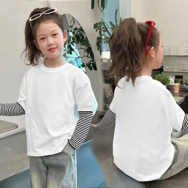 CE25091902女童純棉長袖T恤兒童假兩件條紋上衣春秋裝新款小孩洋氣打底衫