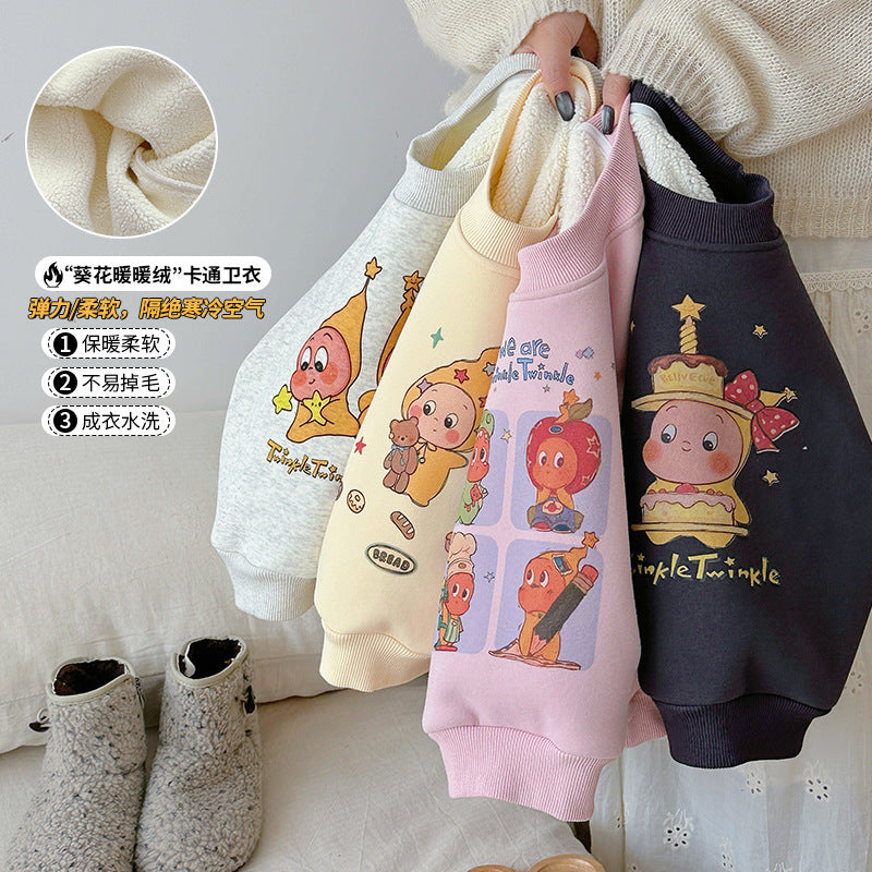 CA25112712韓版童裝2025冬季女孩卡通星星人加絨衛衣兒寶寶保暖長袖T卹