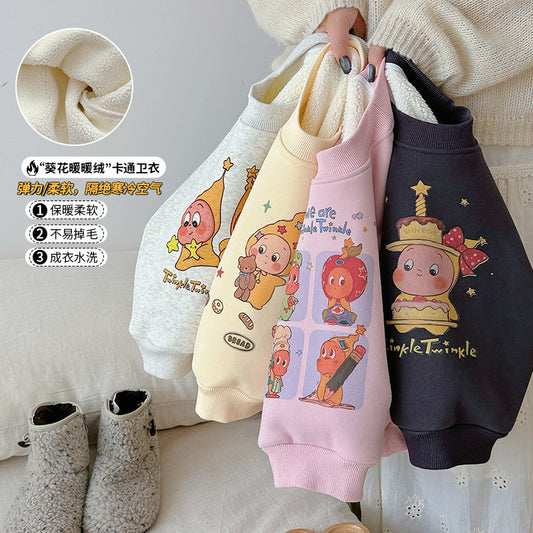 CA25112712韓版童裝2025冬季女孩卡通星星人加絨衛衣兒寶寶保暖長袖T卹