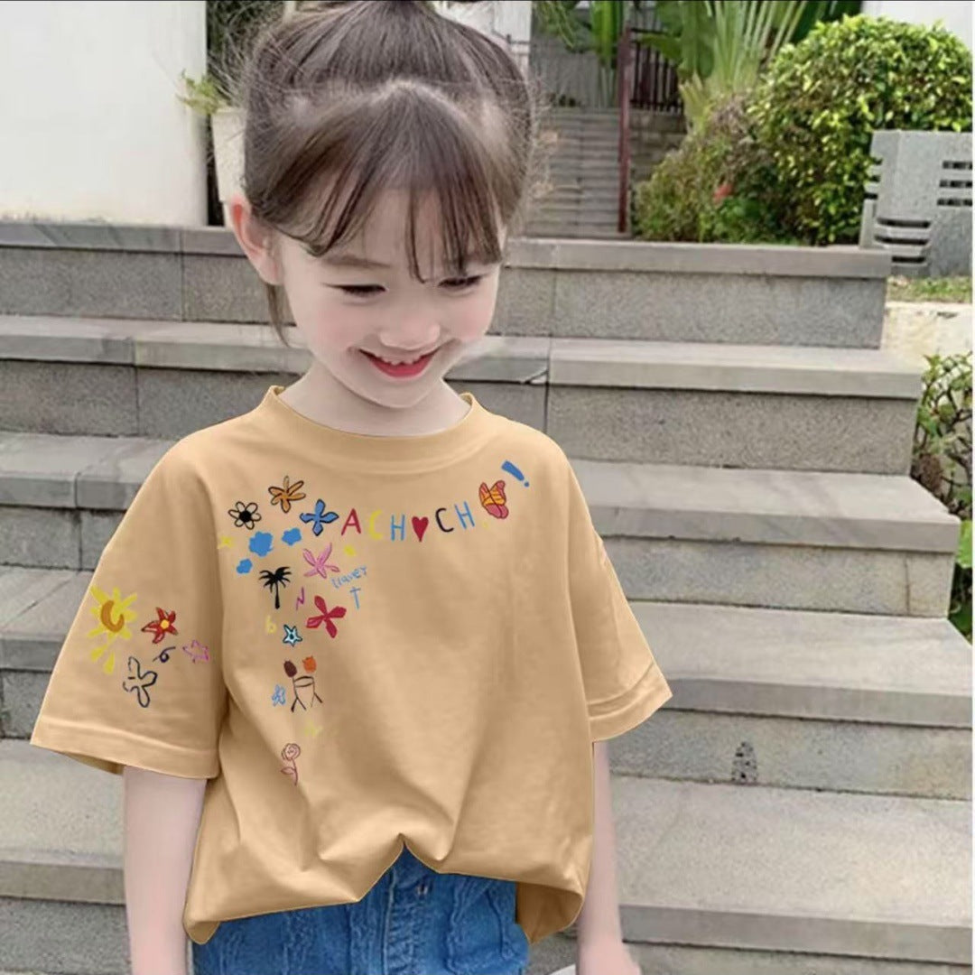 CE26022607女童純棉短袖夏季時尚兒童印花印花寬鬆百搭上衣中大童T卹半袖