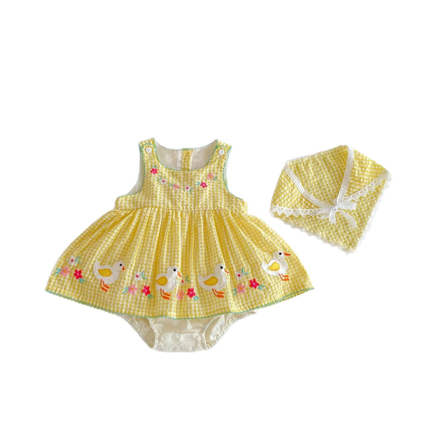 26071603女寶寶衣服夏裝嬰兒可愛小鴨黃色格紋哈衣群無袖包屁衣