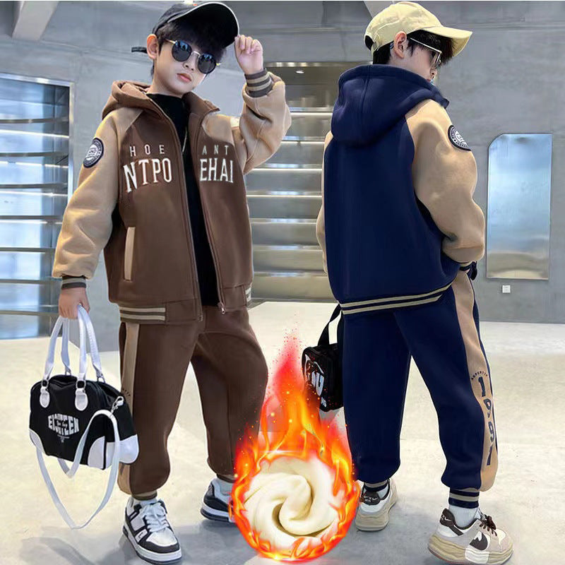 FG25112016兒童裝男童套裝加絨冬季2025新款中大童加厚裙子休閒長褲男孩冬裝