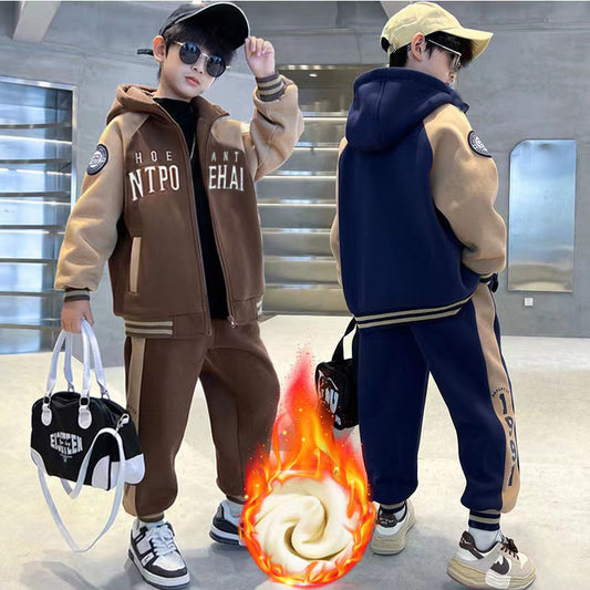 FG25112016兒童裝男童套裝加絨冬季2025新款中大童加厚裙子休閒長褲男孩冬裝