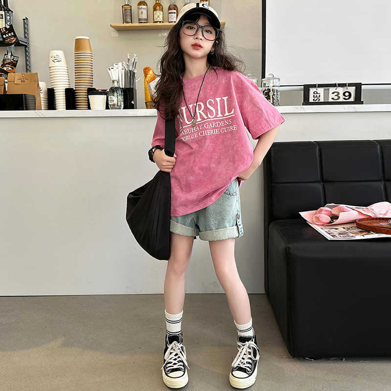 FO26062606 女童短袖t恤棉質夏裝洋氣女孩中大童半袖圓領印花上衣夏季ins潮流