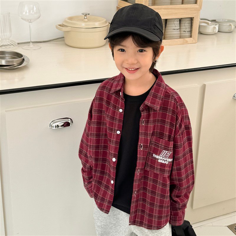 GJ25082711男童長袖襯衫秋季裝2025新款兒童純棉格紋襯衫女童上衣童裝