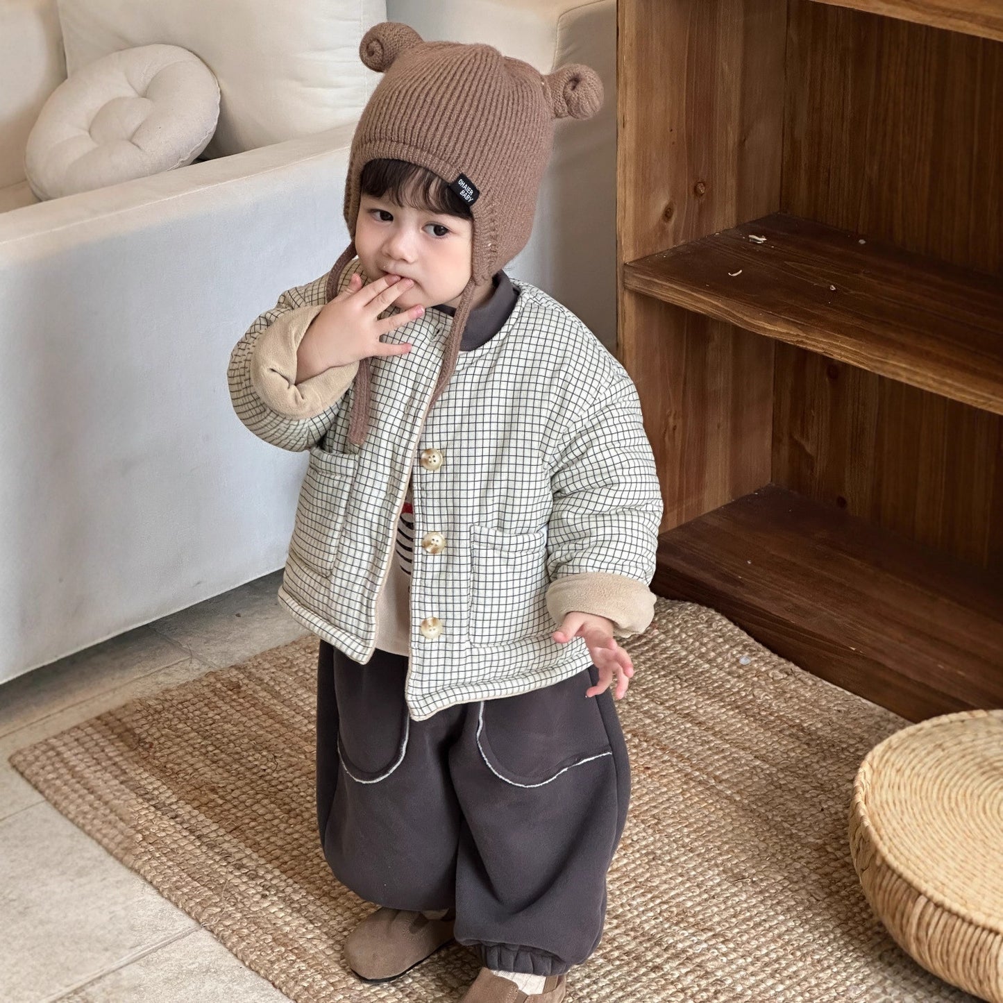 GN26012719兒童加厚格子棉裙2025秋冬新款小寶寶衣服韓版童裝男童加絨套裝