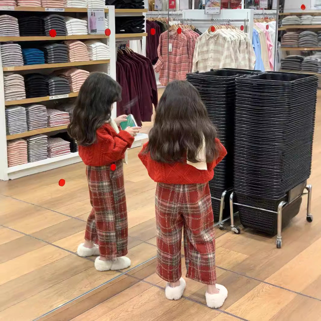 CG25103007女童秋冬款喜慶紅色節日毛衣+紅格加厚奧利絨內裡毛衣褲