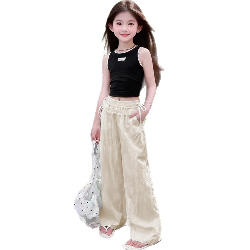 FO26062612女童褲子夏季薄款新款蕾絲邊休閒褲中大童闊腿褲女孩冰絲防蚊褲子