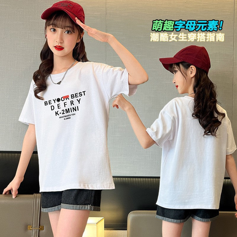 Z25030425多款選配 棉質休閒兒童t恤夏季女童白色短袖打底衫中大童上衣童裝